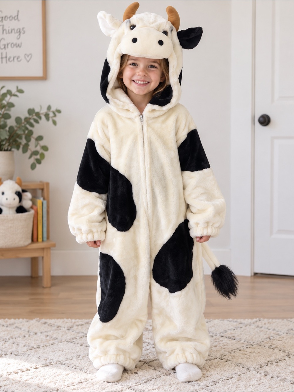 🐮 Plush Cow Hooded Bodysuit Costume – Kids Large | Cream & Black – Est. 5-7 Yrs